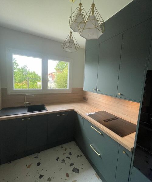 cuisine lumineuse avec façades vert foncé et plan bois clair à Paris