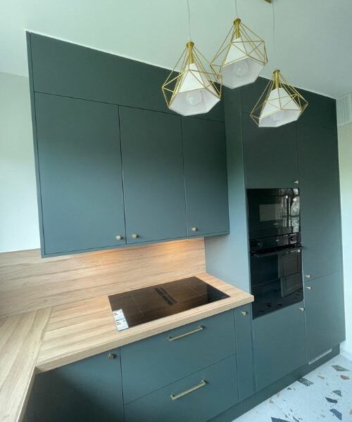 cuisine sur mesure verte mat avec plan de travail bois à Paris